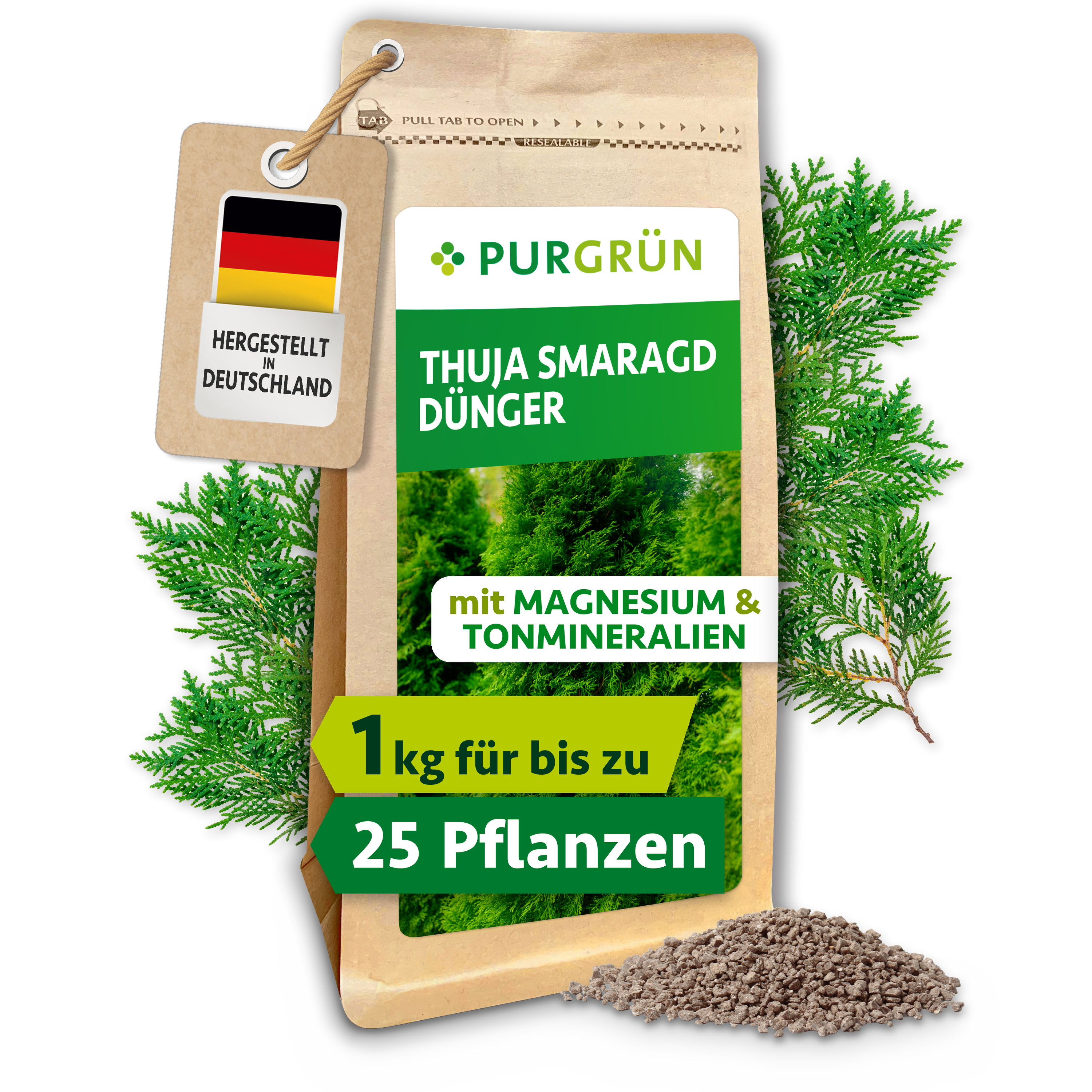 Purgrün | Thuja Smaragd Dünger Granulat 1 kg, mit Magnesium, für intensives Grün, Langzeitwirkung
