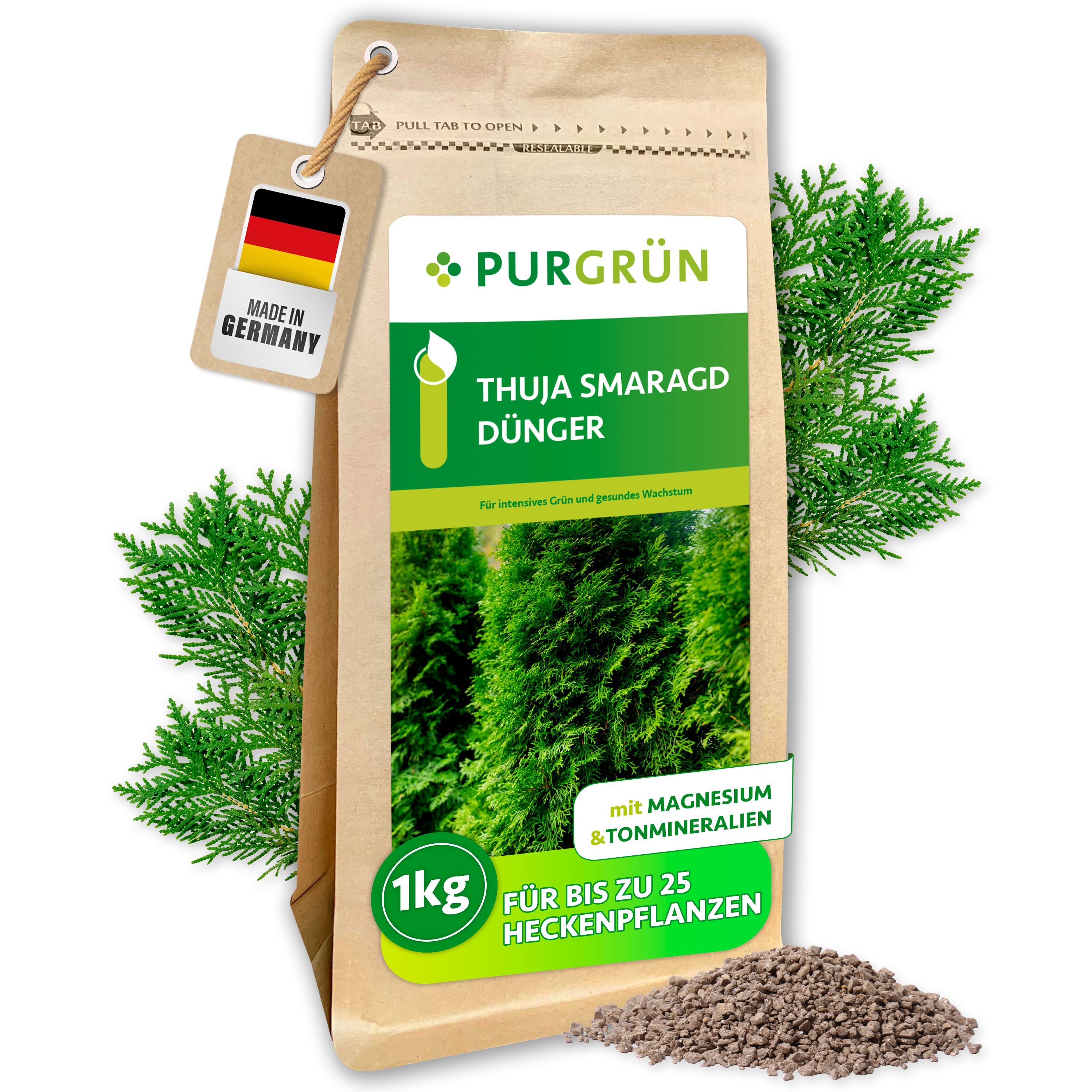 Purgrün / Thuja Smaragd Dünger Granulat 1 kg, mit Magnesium gegen Braunfärbung, Sofort- & Langzeitwirkung
