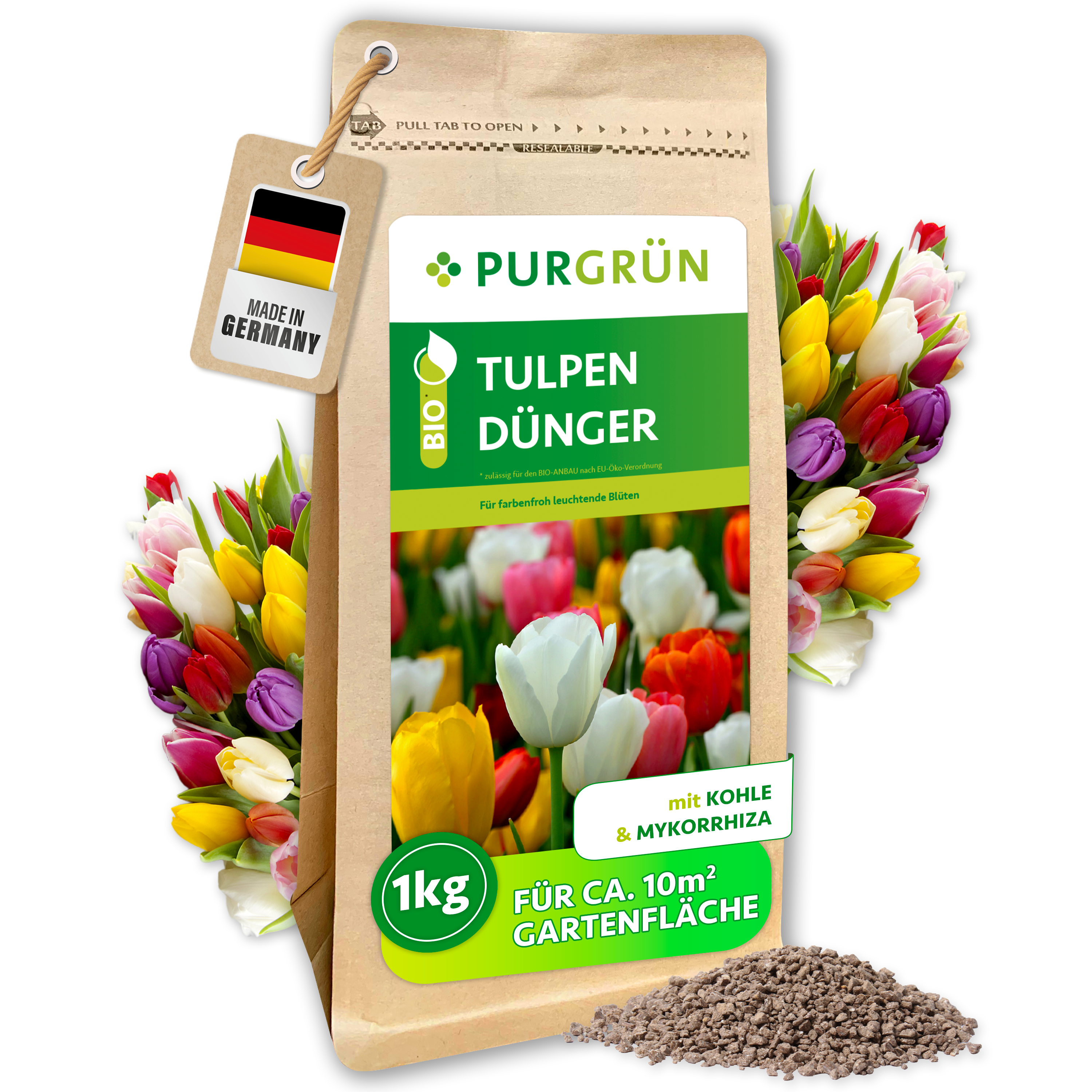 Tulpendünger Bio Granulat 1 kg, organisch-mineralisch, mit Pflanzenkohle und Mykorrhiza – Purgrün