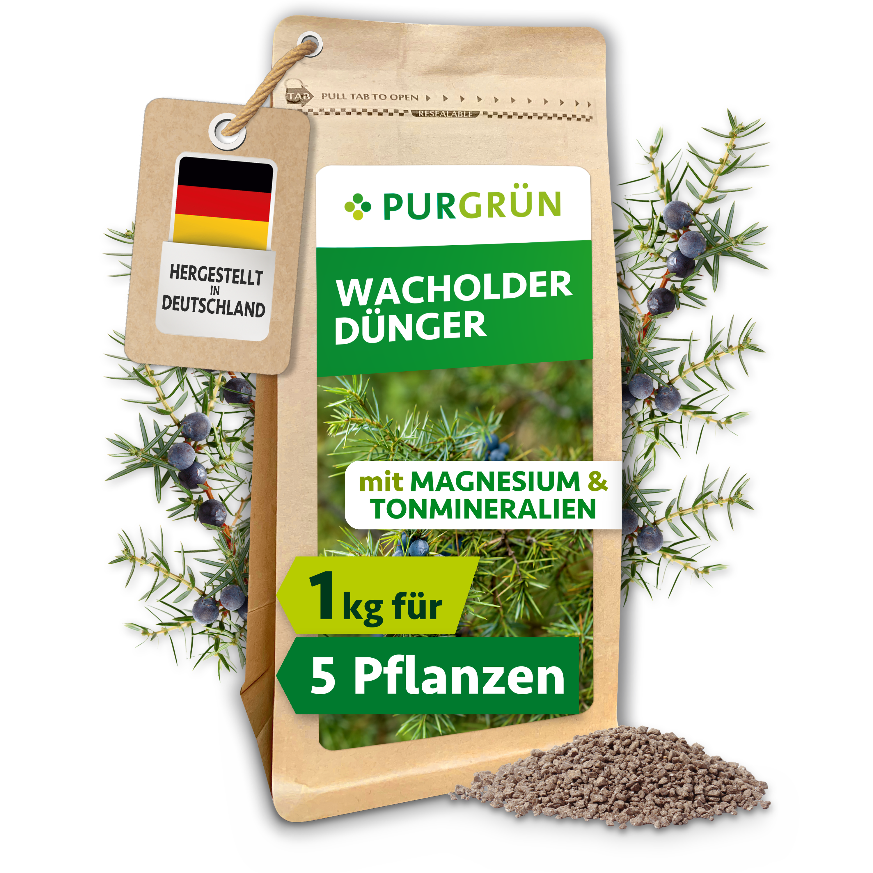 Purgrün | Wacholder Dünger Granulat 1 kg, ca. 5 Pflanzen, für sattgrüne Nadeln & Beeren