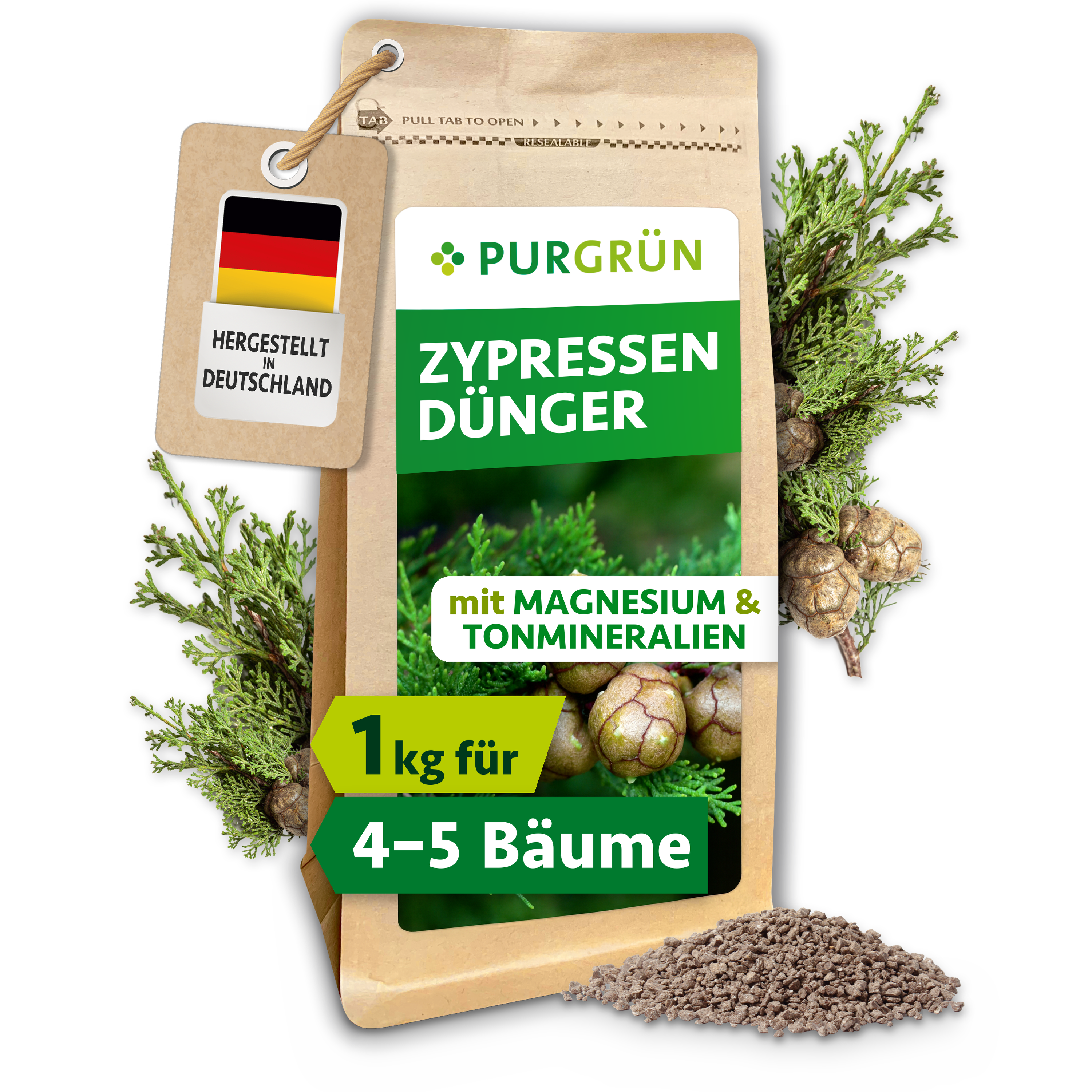 Purgrün | Zypressen Dünger Granulat 1 kg, mit Magnesium, mit Langzeitwirkung