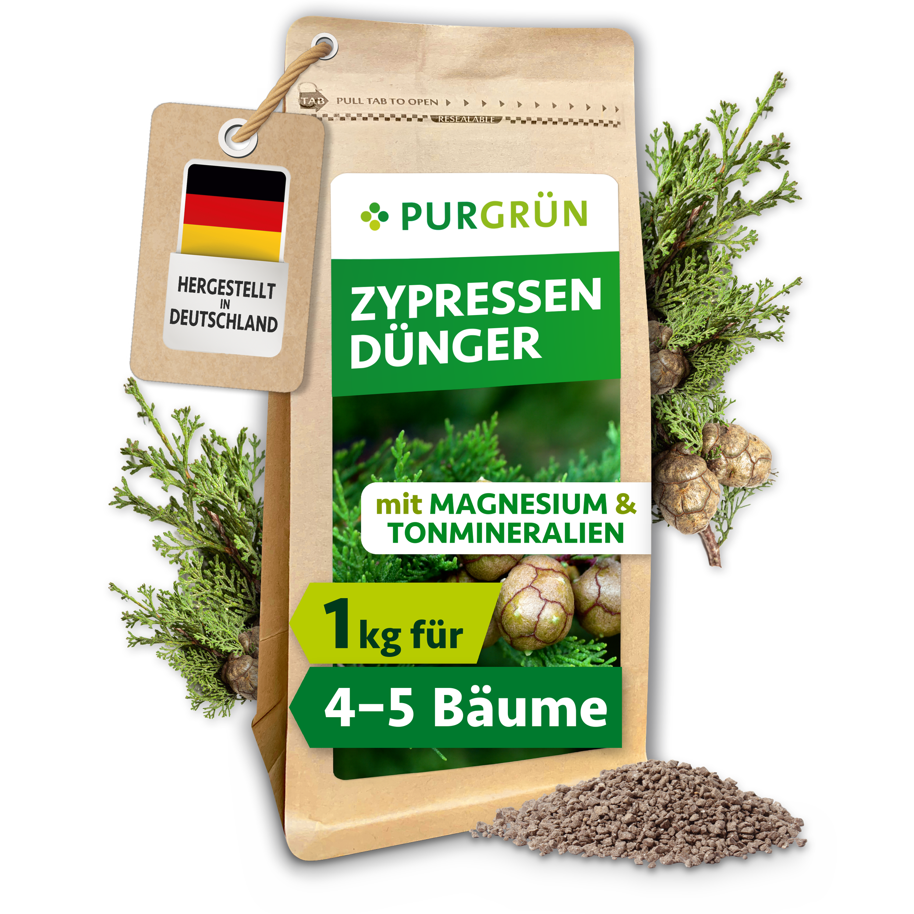 Purgrün | Zypressen Dünger Granulat 1 kg, mit Magnesium, mit Langzeitwirkung