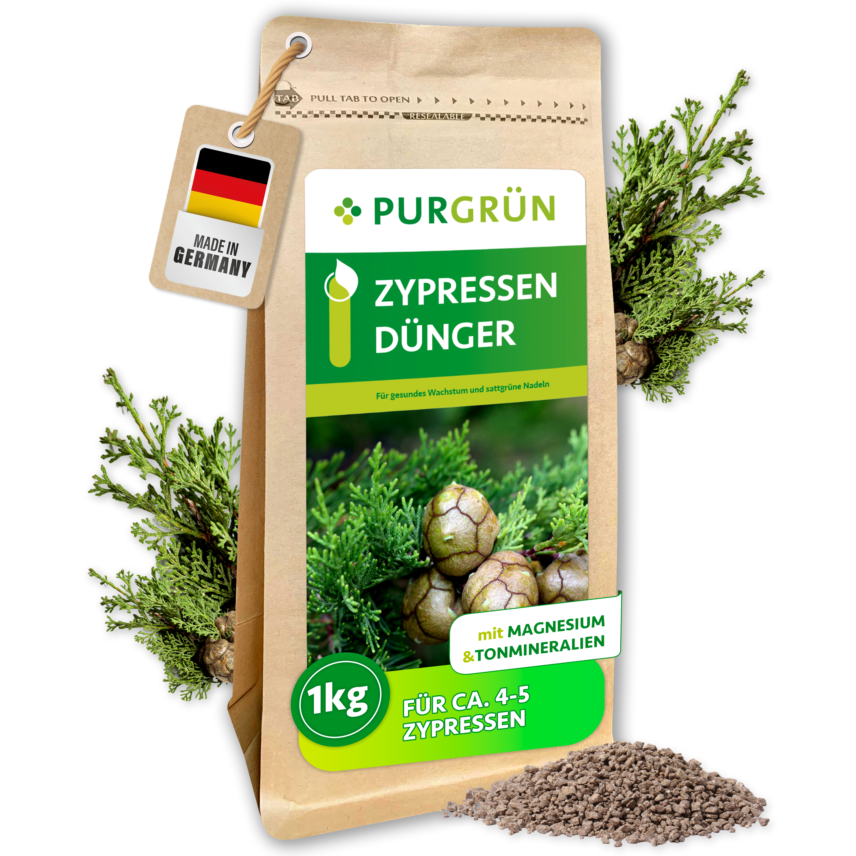 Purgrün / Zypressen Dünger Granulat 1 kg, gegen Nadelverfärbungen, Sofort- & Langzeitwirkung
