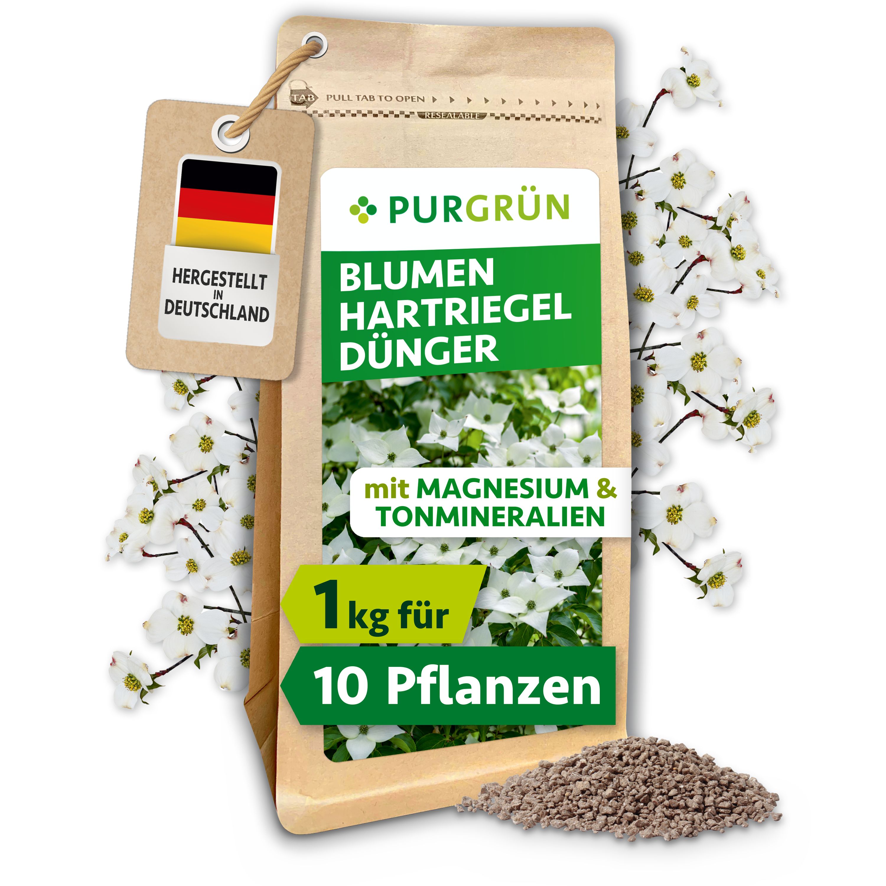 Purgrün | Blumenhartriegel Dünger Granulat 1 kg für 20 Pflanzen, mit Magnesium gegen Blattverfärbungen