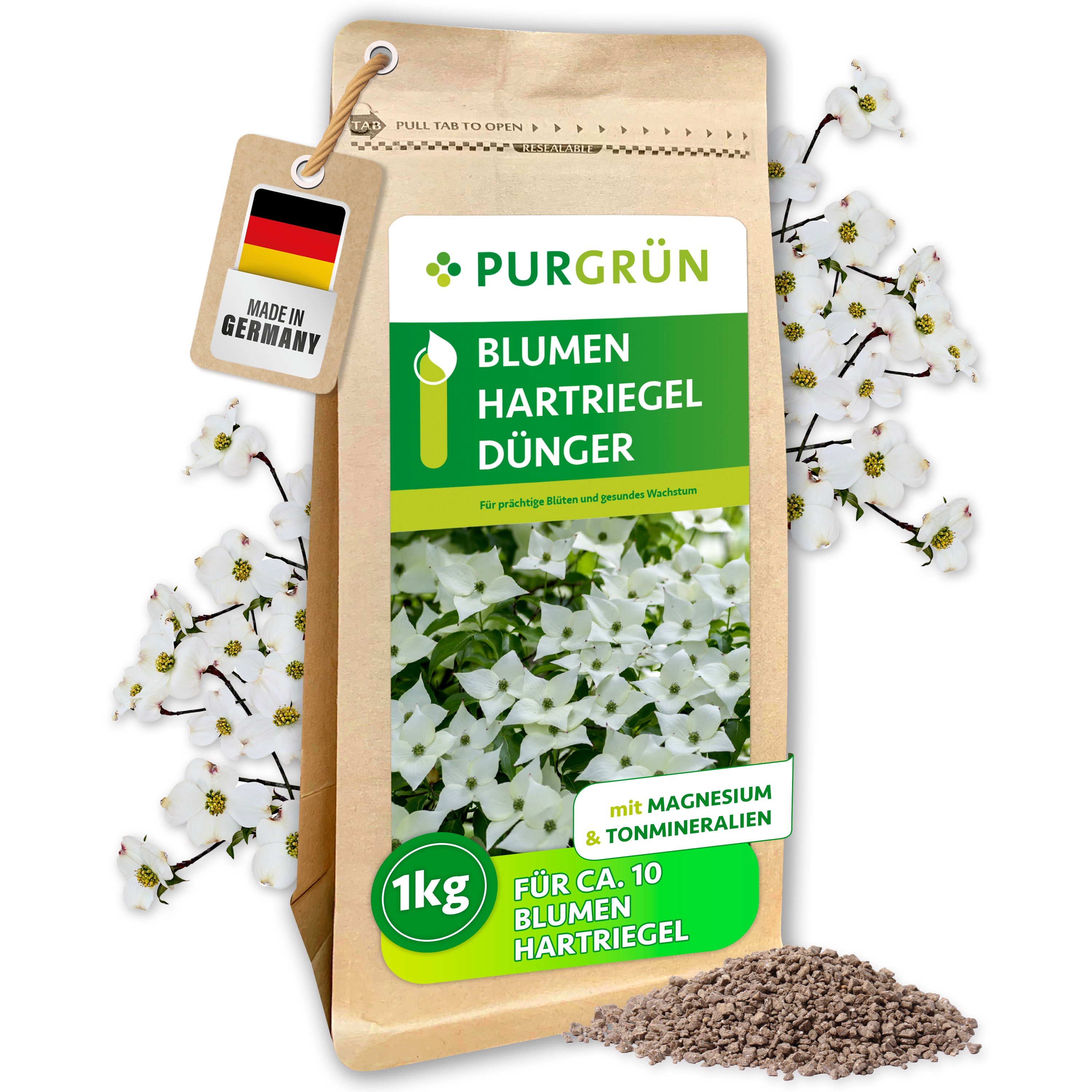 Purgrün / Blumenhartriegel Dünger Granulat 1 kg für 20 Pflanzen, mit Magnesium gegen Blattverfärbungen