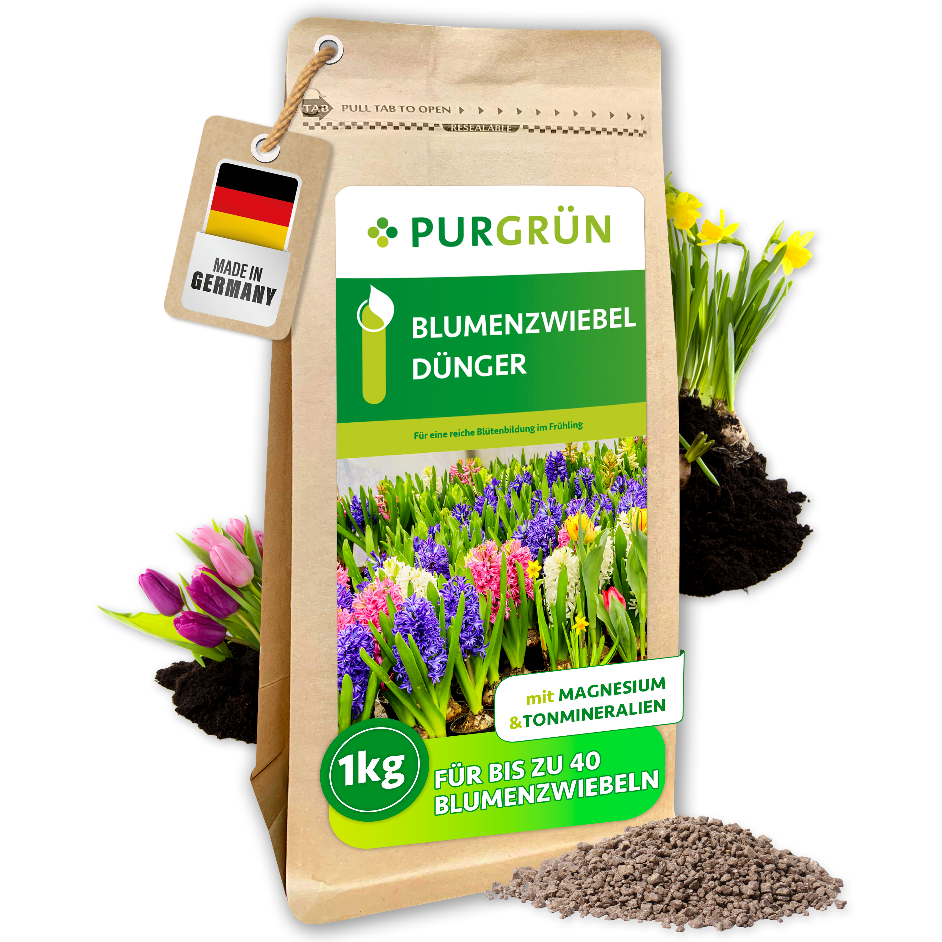Purgrün / Blumenzwiebel Dünger Granulat 1 kg, für üppige Frühlingsblüten, Sofort- & Langzeitwirkung