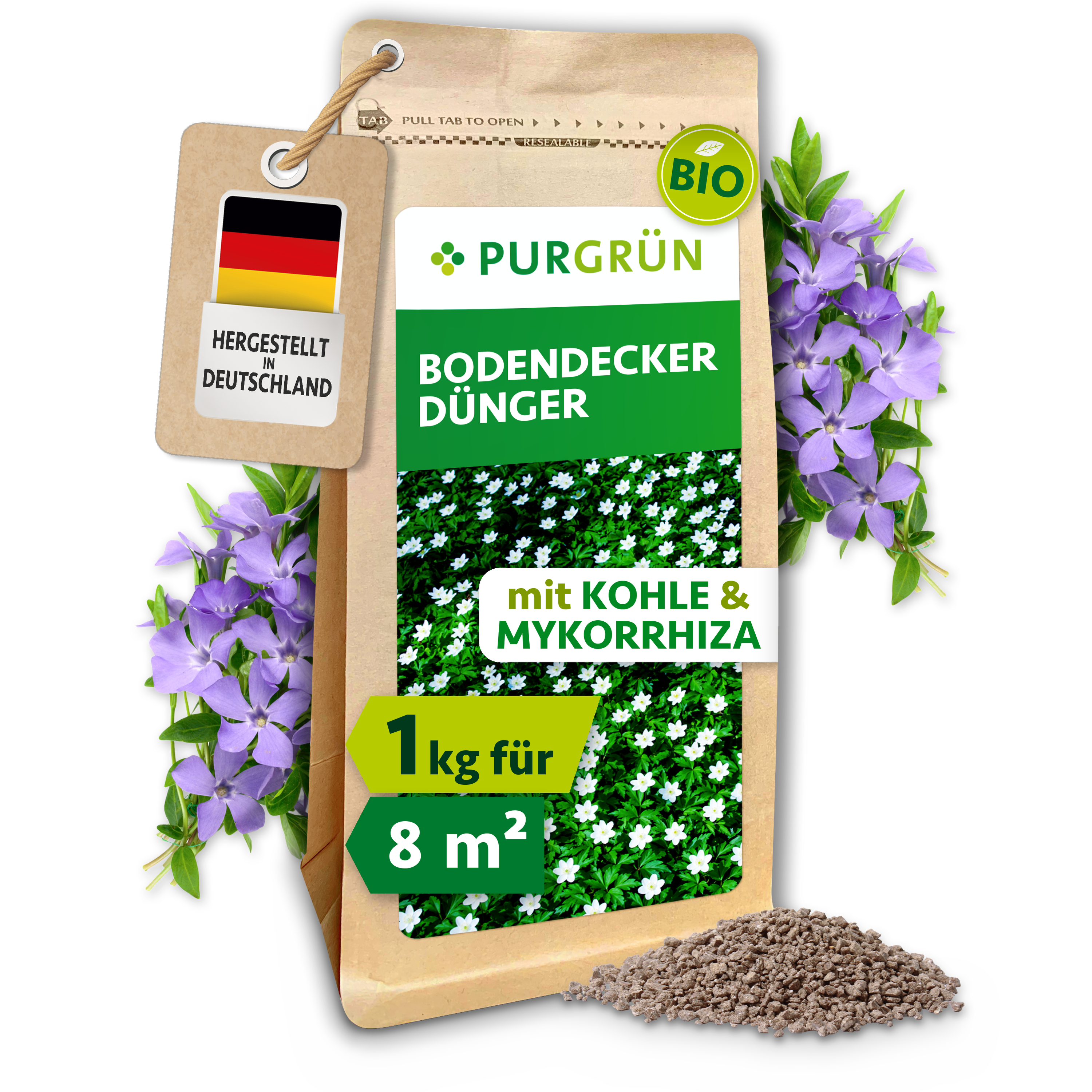 Bodendecker Dünger Bio Granulat 1 kg für 8 m², mit Mykorrhiza für gesunde Wurzeln – Purgrün