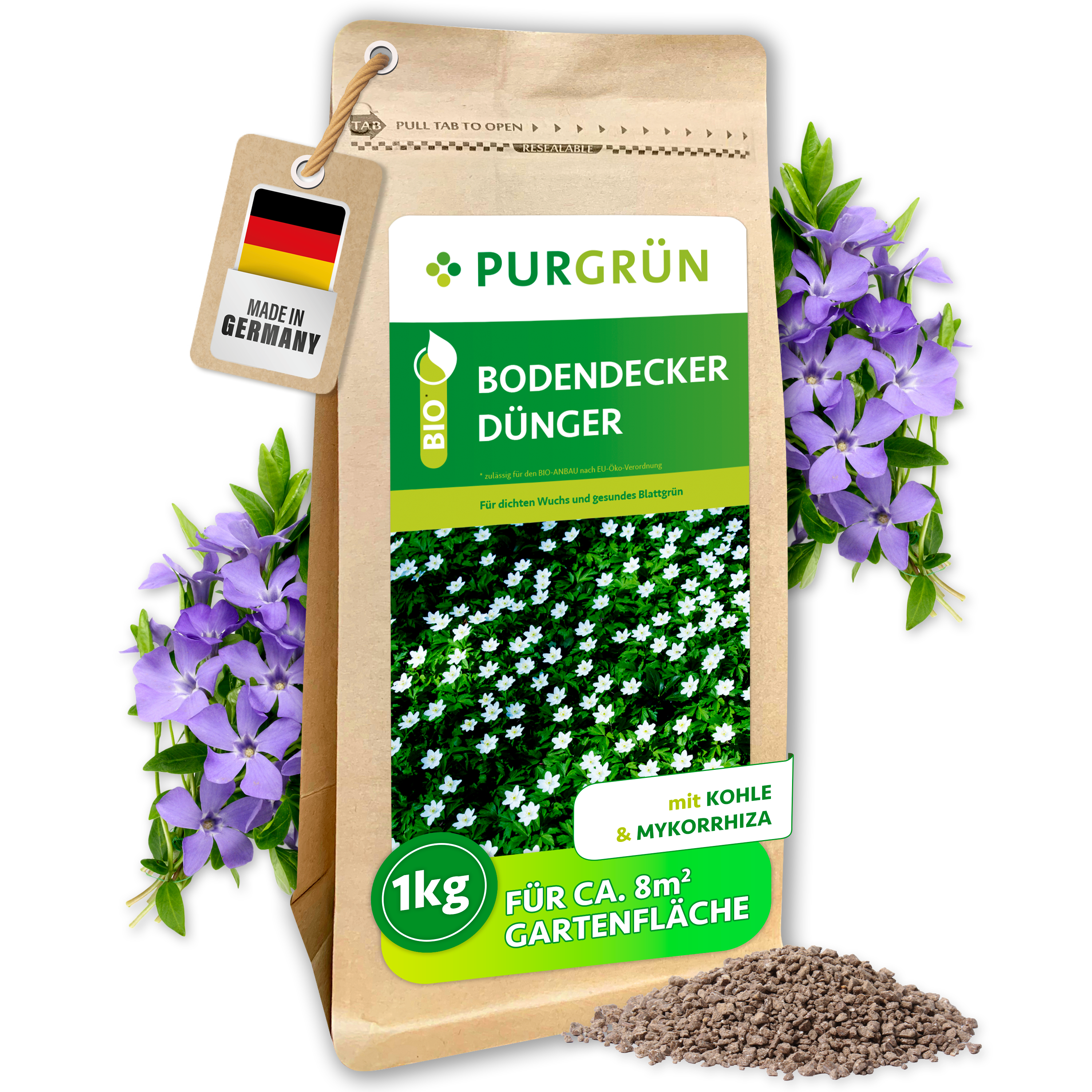 Bodendecker Dünger Bio Granulat 1 kg für 8 m², mit Mykorrhiza für gesunde Wurzeln – Purgrün