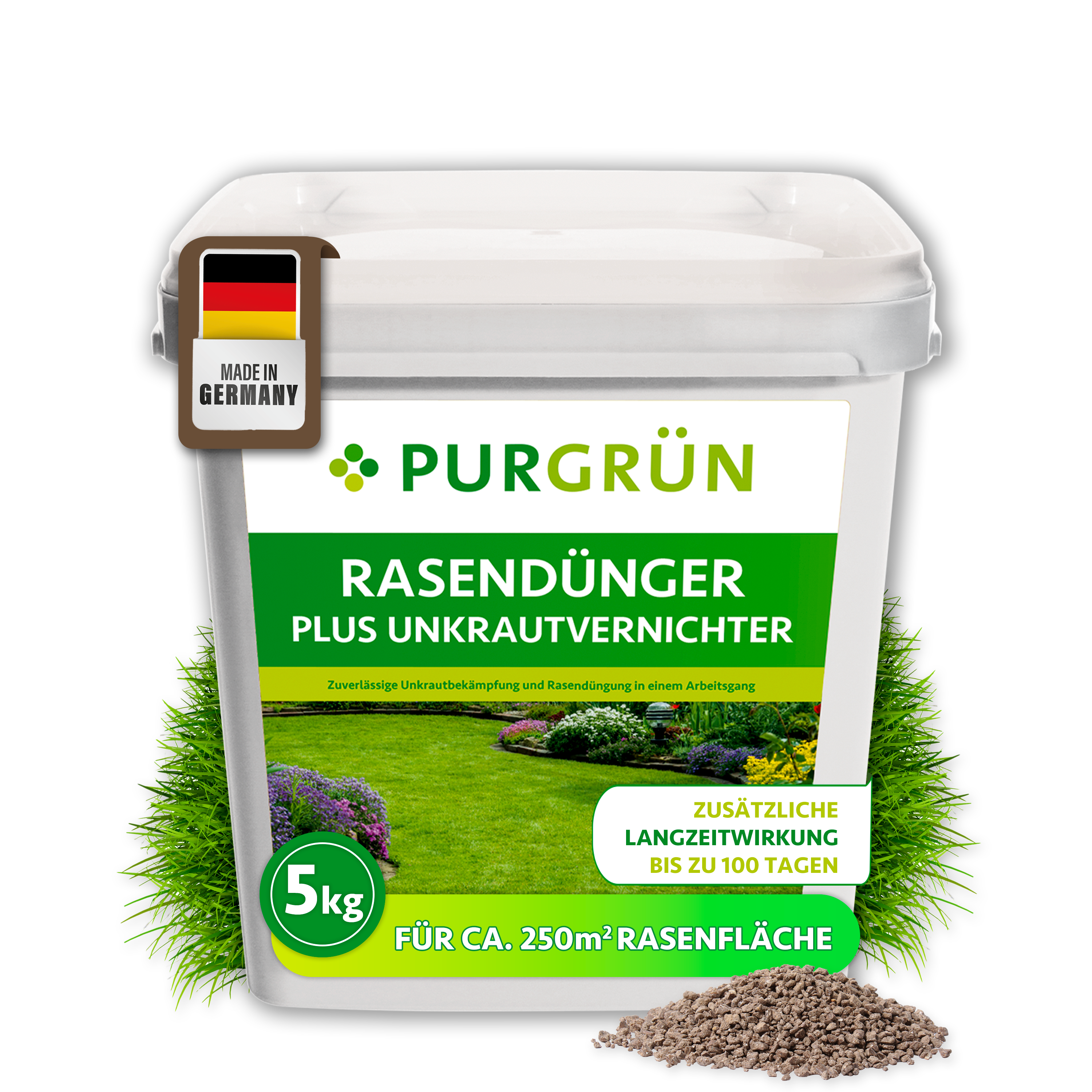 Rasendünger mit Unkrautvernichter Granulat 5 kg, für 250 m², 100 Tage Langzeitwirkung – Purgrün
