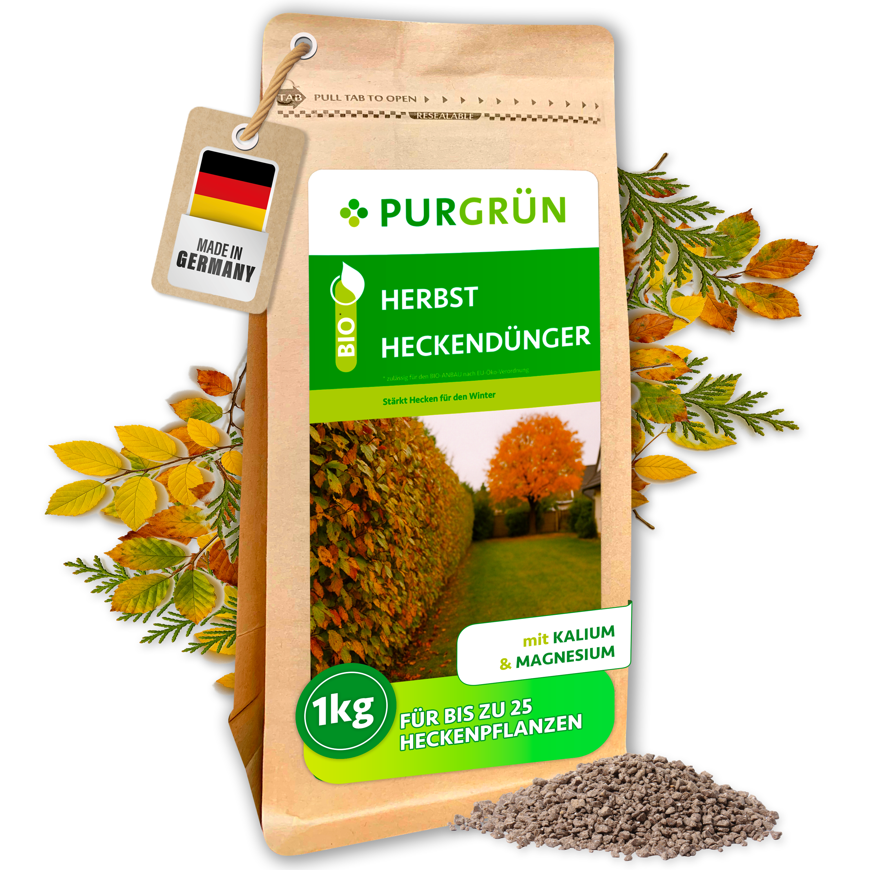 Herbst-Heckendünger Bio Granulat 1 kg, mit Kalium & Magnesium, stärkt Hecken für den Winter – Purgrün
